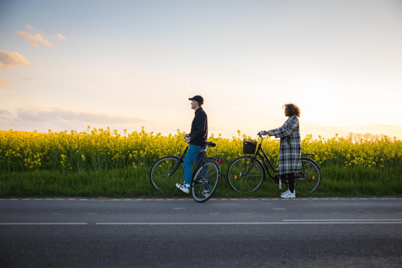 2 personer på cykel ved en rapsmark